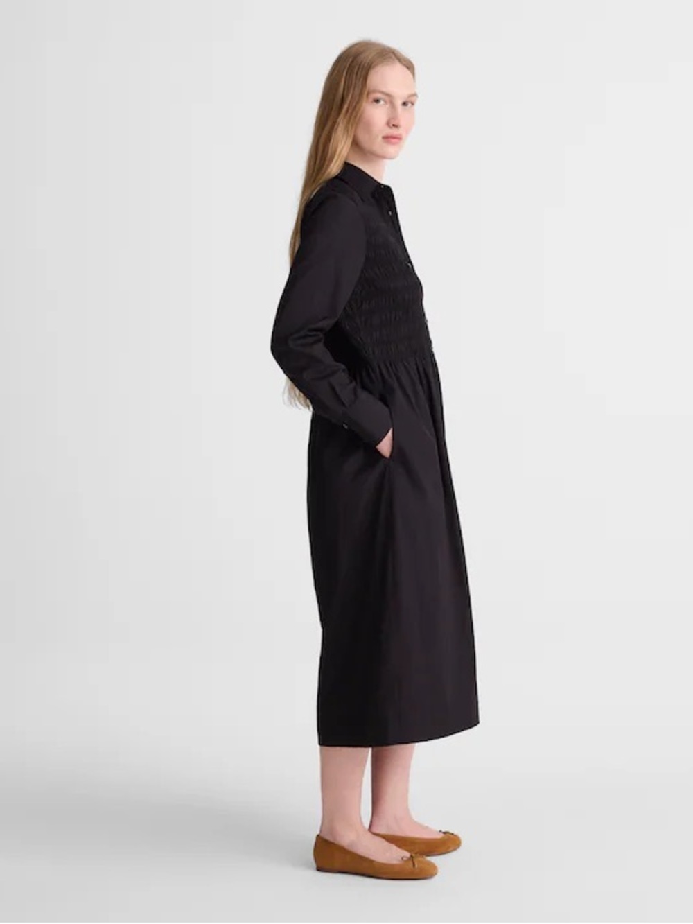 NWT Madewell Black Smocked Midi Shirtdress in Cotton Poplin w/ Pockets, NZ382, S